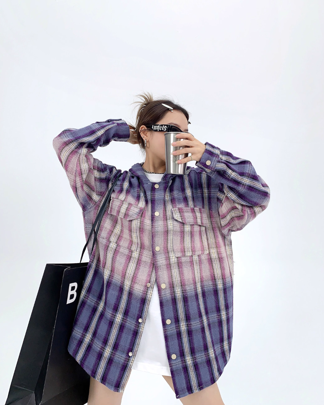 Oversized Plaid Hooded Shirt YLS0466