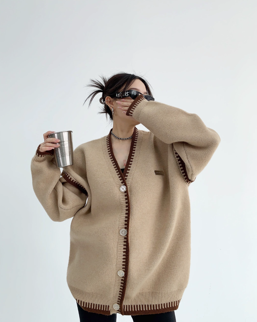 Bicolor V-Neck Button Cardigan YLS0372