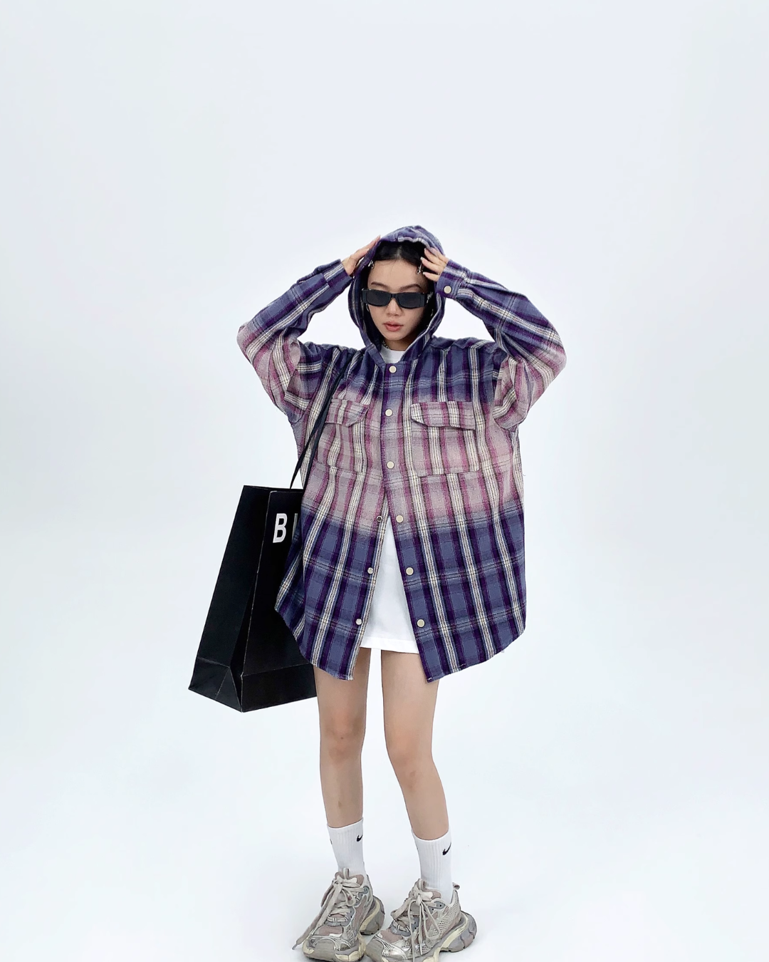 Oversized Plaid Hooded Shirt YLS0466