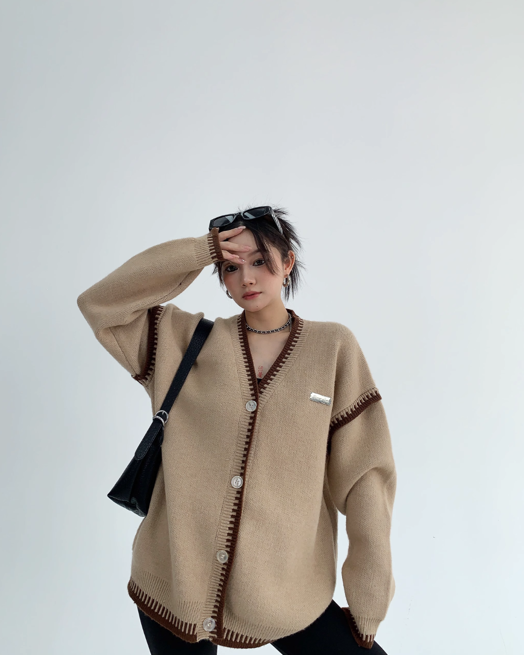 Bicolor V-Neck Button Cardigan YLS0372