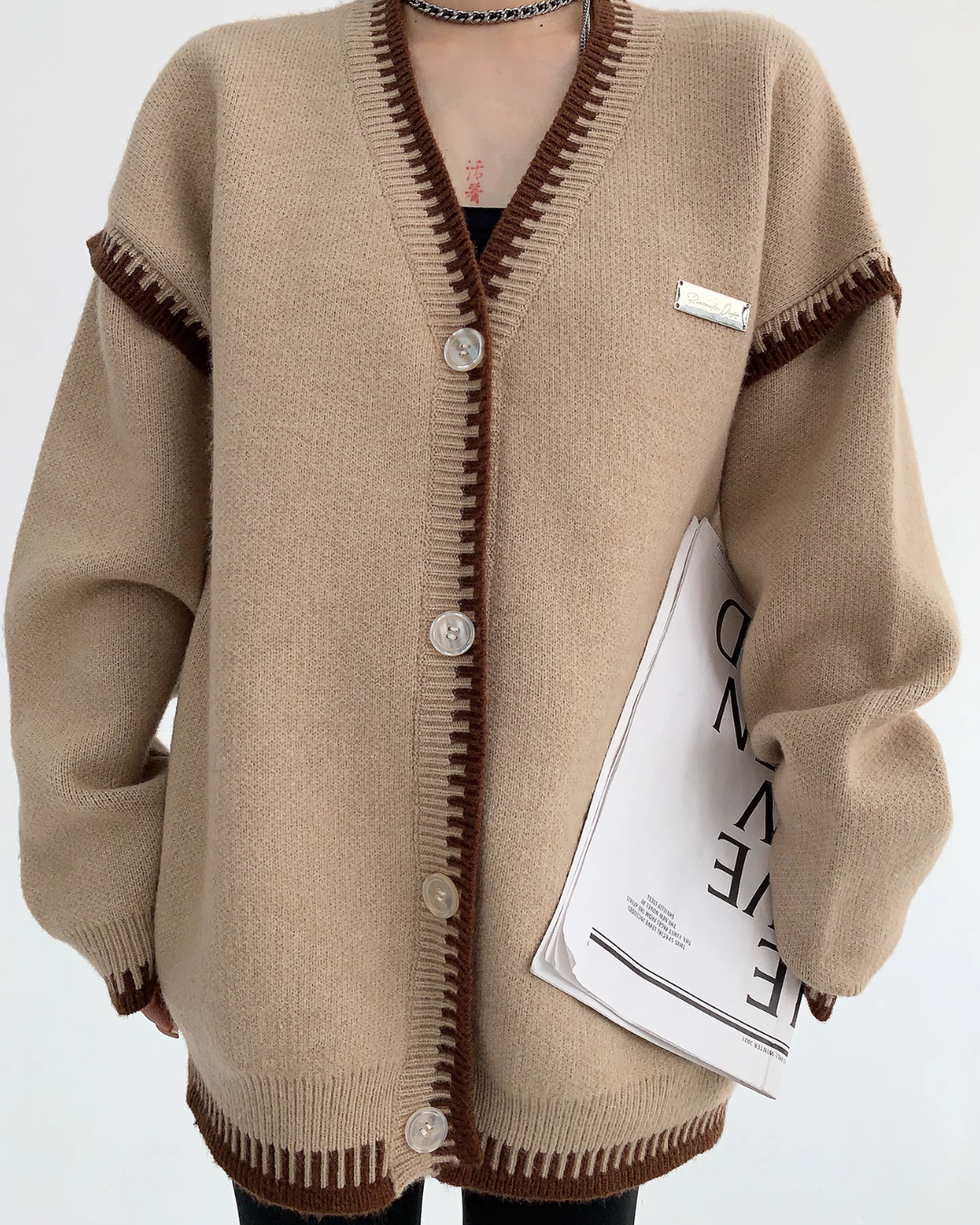 Bicolor V-Neck Button Cardigan YLS0372