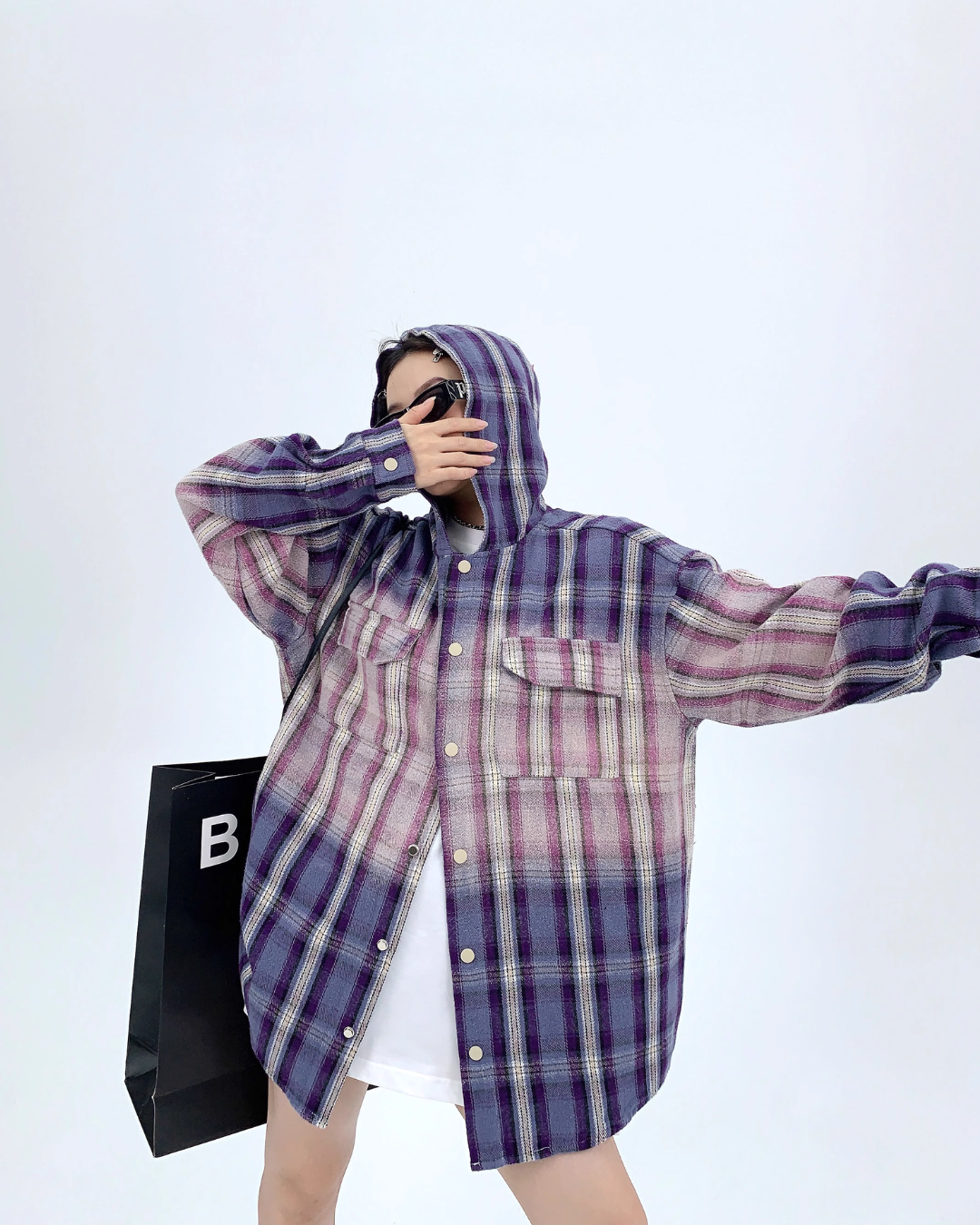 Oversized Plaid Hooded Shirt YLS0466
