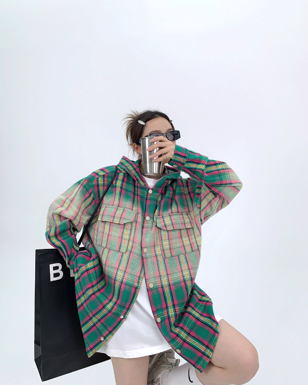 Oversized Plaid Hooded Shirt YLS0466