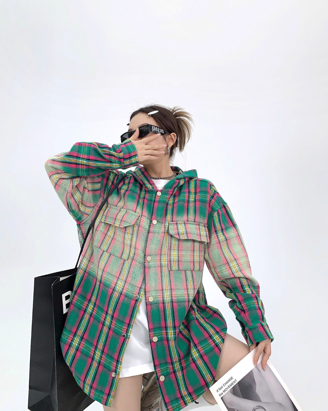 Oversized Plaid Hooded Shirt YLS0466