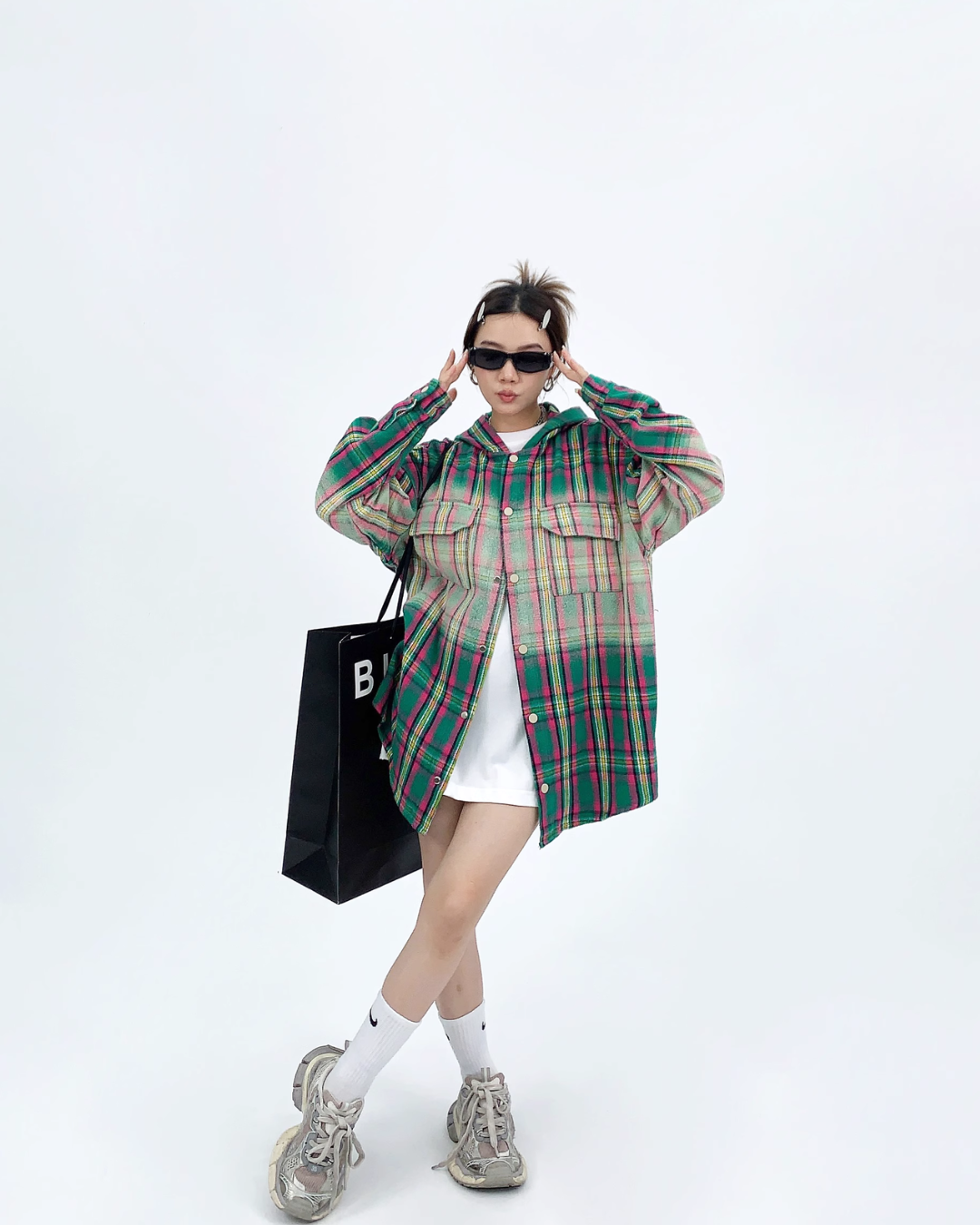 Oversized Plaid Hooded Shirt YLS0466