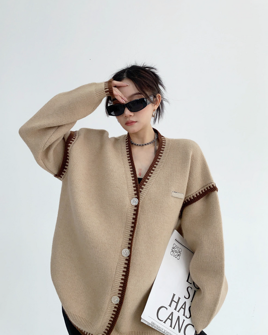 Bicolor V-Neck Button Cardigan YLS0372