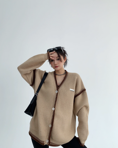 Bicolor V-Neck Button Cardigan YLS0372