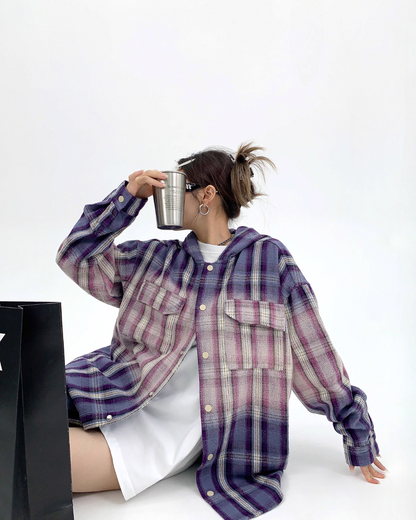 Oversized Plaid Hooded Shirt YLS0466